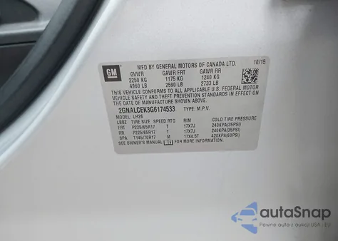 2016 Chevrolet Equinox Lt z USA, uszkodzony, nr VIN 2GNALCEK3G6174533